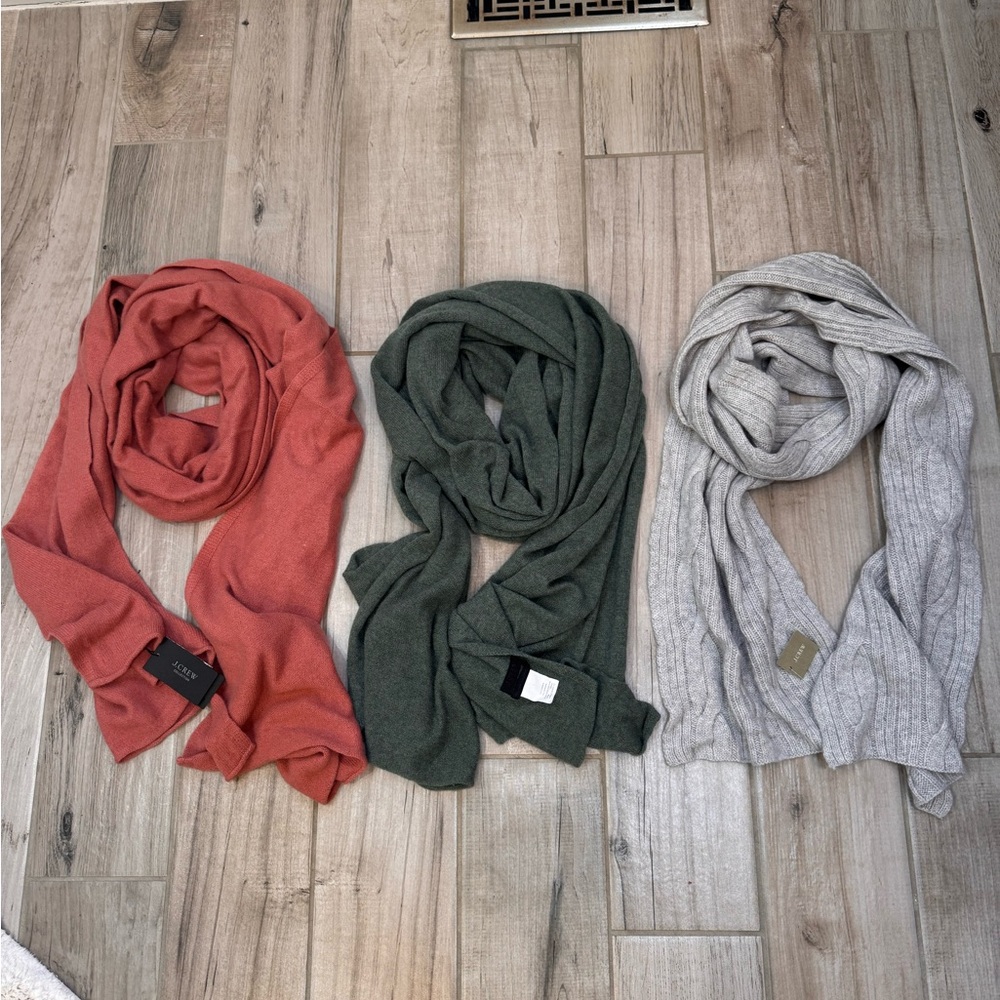Set of Three Cashmere Scarves in Red, Green, and Gray